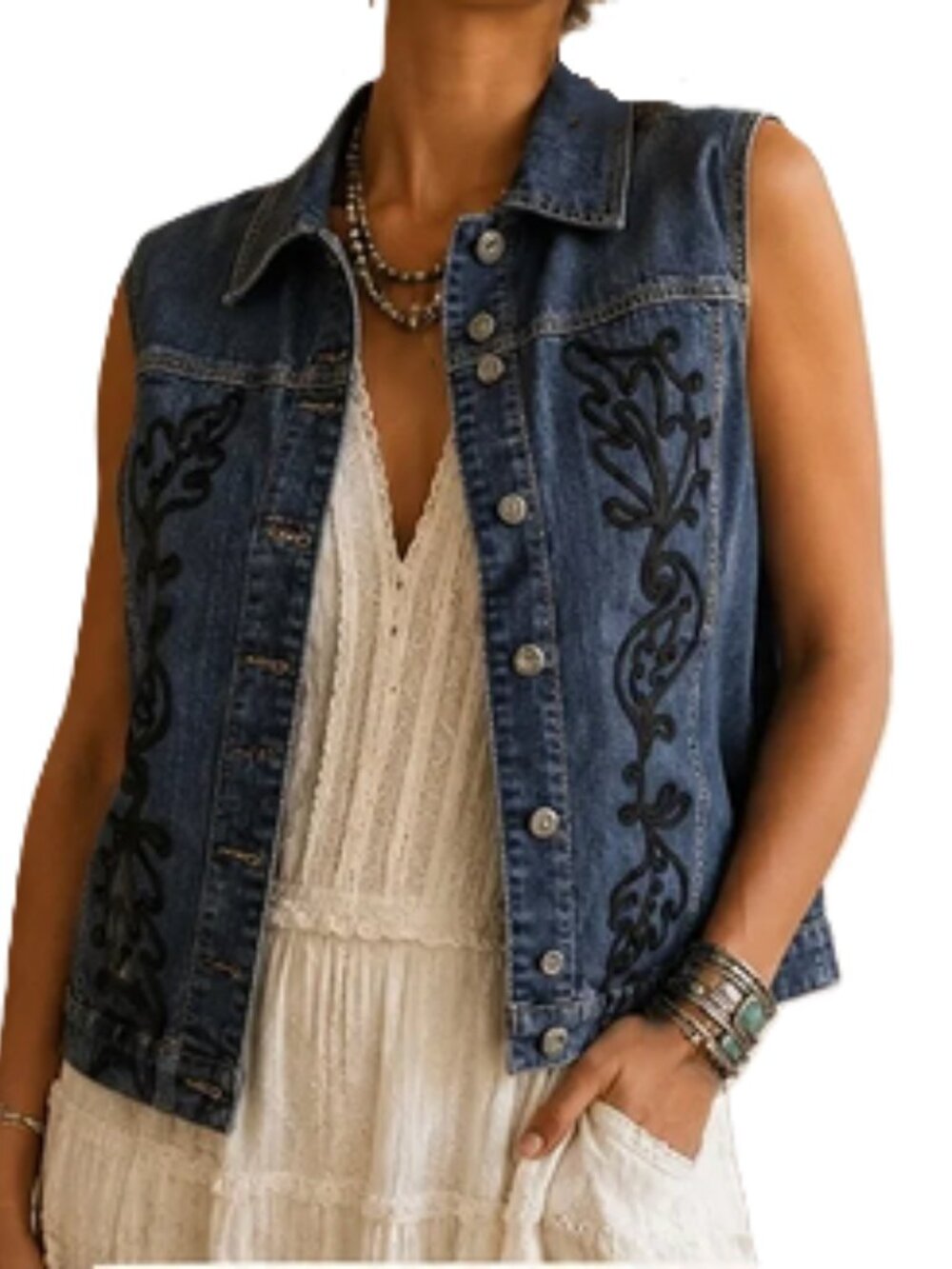 Chico's Platinum Denim Vest Embellished with Soutache- Size 0